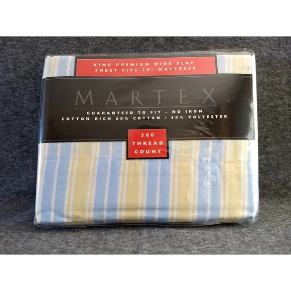 Martex King Premium‎ Wide Flat Sheet Serenity Stripe Soft Yellow Blue 300TC NOS