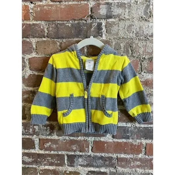 Carter’s Yellow/Gray Striped Hooded Full Zip Cardigan Sweater Baby Size 9 Months