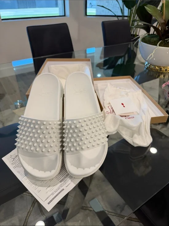Christian Louboutin White Spiked Slide Sandals