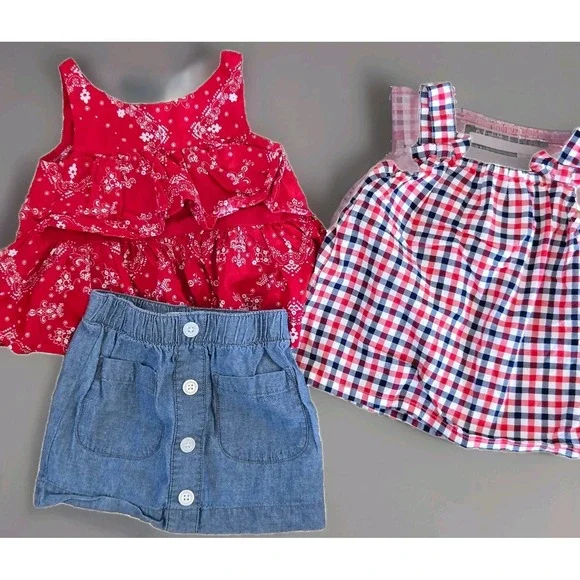 Oskosh Carters Red Floral & Plaid Sleeveless Top with Denim Button Skirt Set 2T