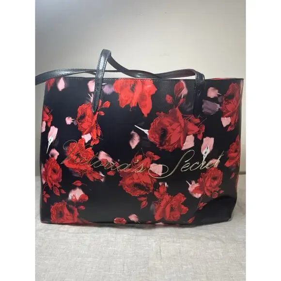 Victoria’s Secret Black/Red Floral Rose Logo Tote‎ Handbag PreOwned EUC-MINT