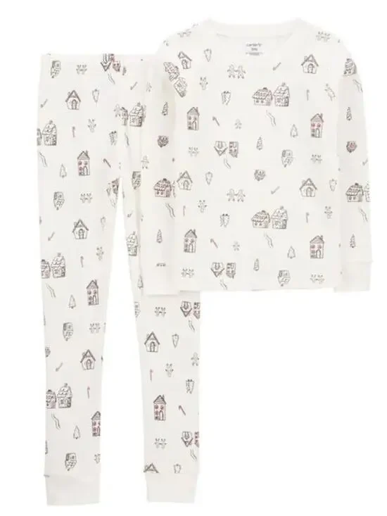 Carters Kids Long Sleeve Waffle Gingerbread Thermal Pajamas Set Size 10 Ivory