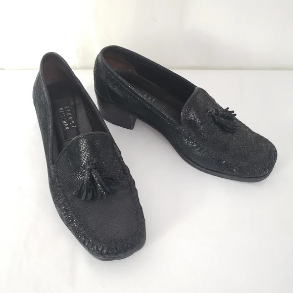 Stuart Weitzman black suede and leather chunky heel loafer metallic sheen 7.5