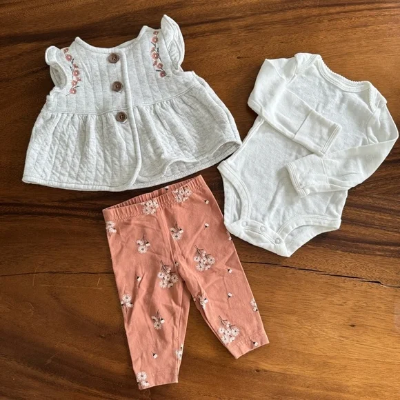 Carter’s Baby Embroidered Vest, White Bodysuit, Floral Leggings Set size 3M