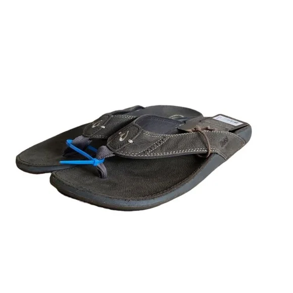 OluKai Nui Men’s Flip Flop Sandals Full Grain Leather Gray Size 12 NEW