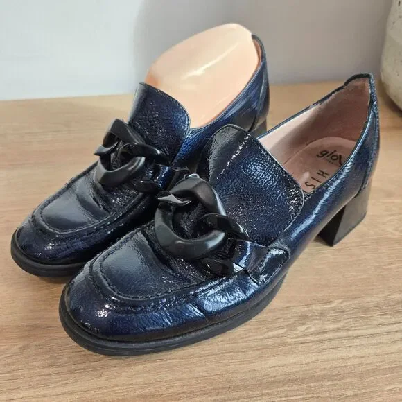 Hispanitas Charlize Blue Patent Leather Loafers 37/6-6.5‎ Chain Detail 2