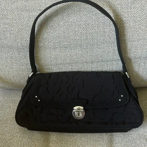 Vera Bradley Black‎ Embroidered Floral Lined Buckle Closure Shoulder Bag