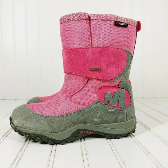 Merrell Girls Pink Suede Leather Slip On Ankle Band Winter Warm Ankle Boots A88