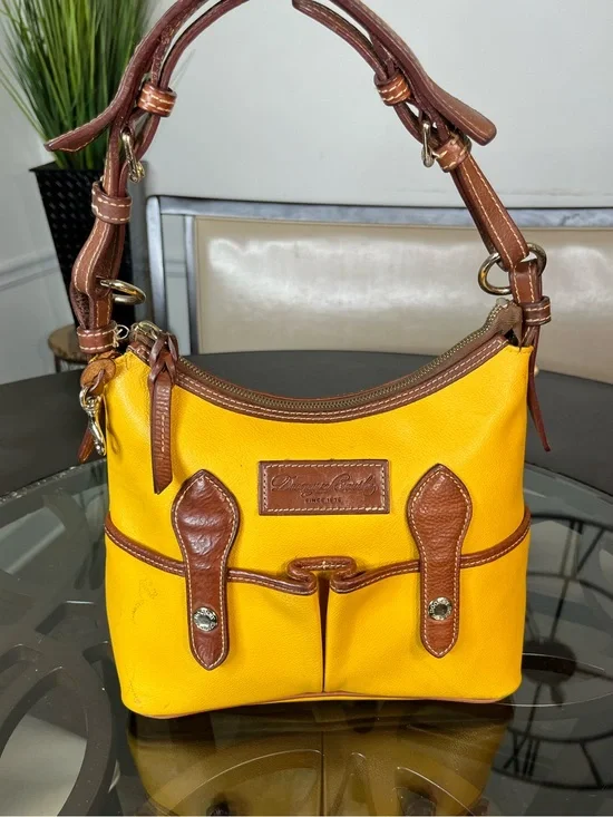 Y2K Dooney & Bourke Hobo Bag Pebble Grain Lucy Mustard Leather Brown Yellow