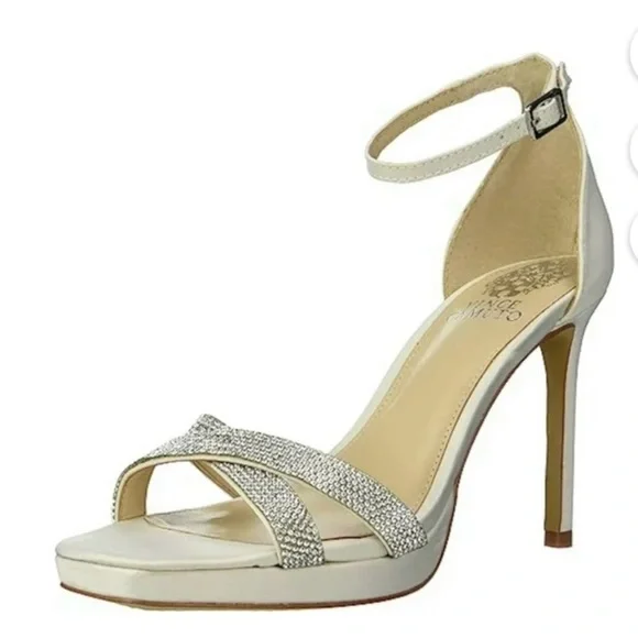 VINCE CAMUTO Kalvira Heel Satin Milk Ivory Stiletto Ankle Strap Size 9.5 NWT