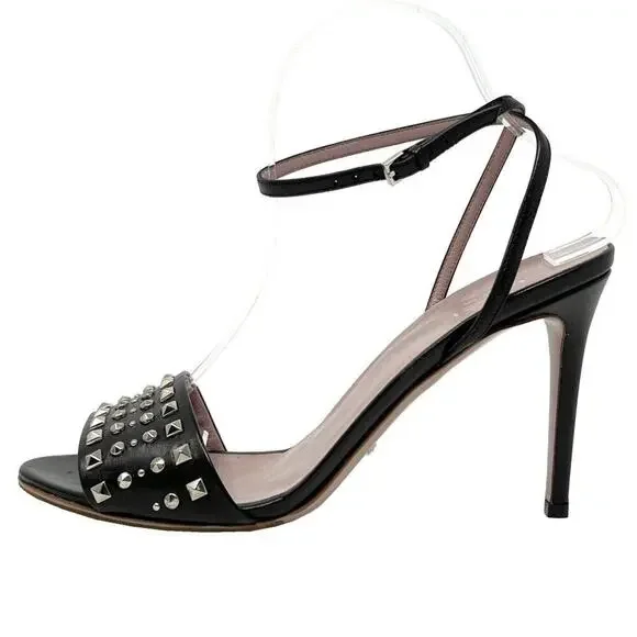Gucci Sandals Black Leather Studded Ankle Strap Heels EU 39.5 / US 9.5 High Heel