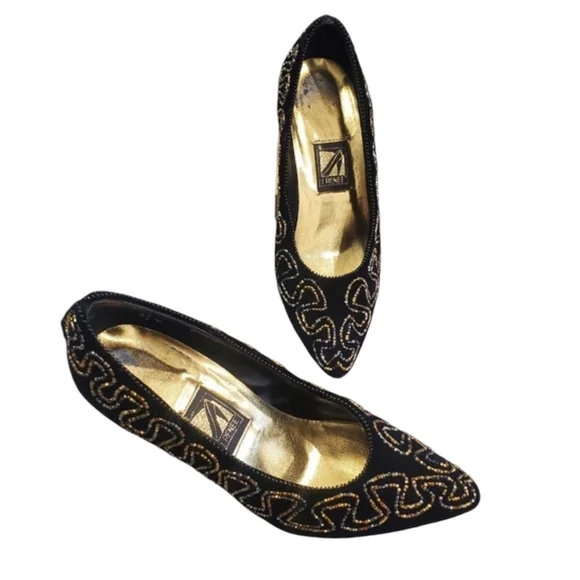 Vintage J.Renee Heels Womens Size 5.5 M Black Velvet Rhinestones Embellished