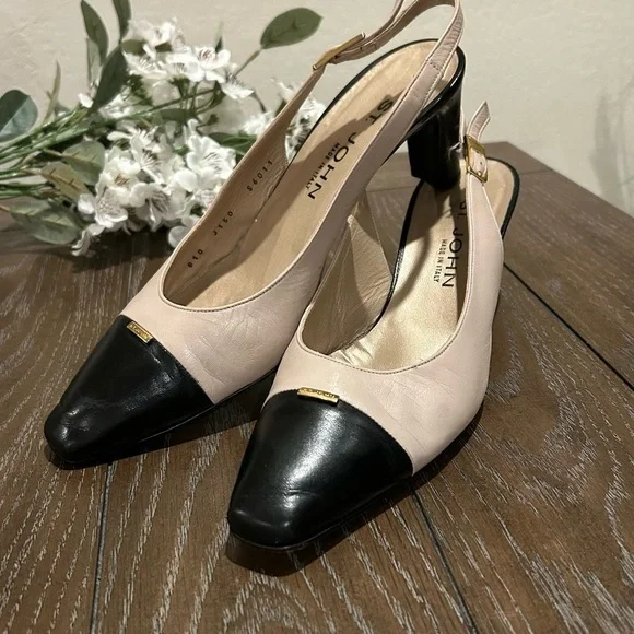 St. John Slingback Black / Tan Leather Heels Size 10 Made in Italy