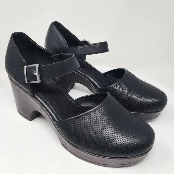 B.O.C Born Gia Mary Jane Wood Clog Women 11M Black ankle Strap Perforated Vamp