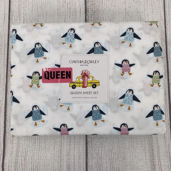 Cynthia Rowley Sheet Set QUEEN White Penguins Christmas Sweater Whimsical Soft