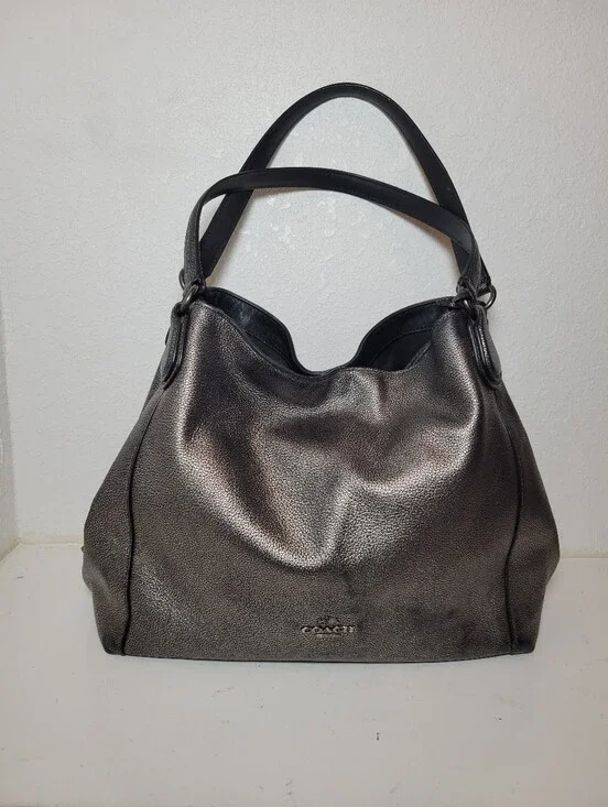 Coach Gunmetal Pebbled Shoulder Bag Silver Hardware Zip Magnetic Logo Charm