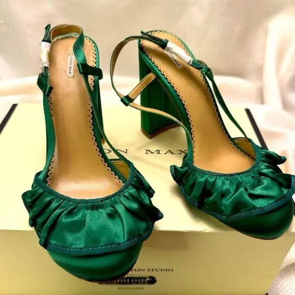 NIB Leon Max emerald green satin block ruffle slingback high heels size 38 7.5