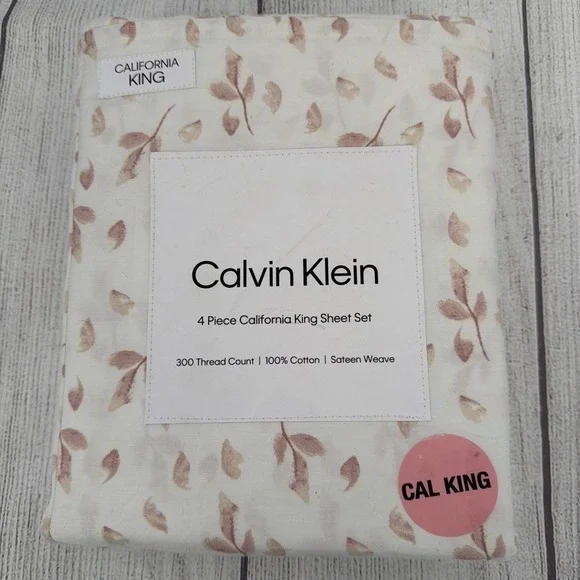 Calvin Klein Sheet Set California King Floral Cream Sateen Weave 300TC Cotton
