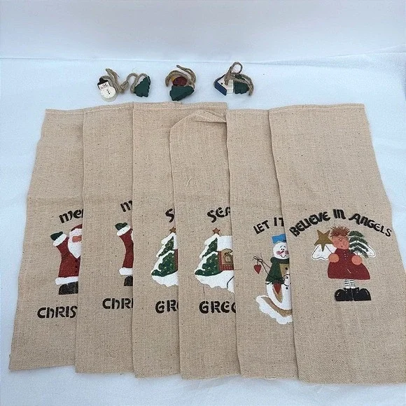 Christmas Wine Gift Bags Burlap Holiday Character Set of 6 with 3 Tie Charms