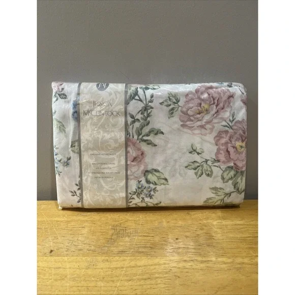 Vtg Jessica McClintock One King Fitted Sheet Cream Pink Floral Cottagecore Roses