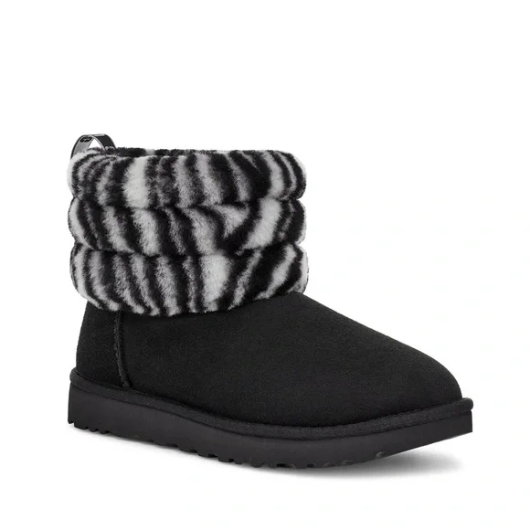 UGG girls’ black zebra Fluff mini quilted boots 12