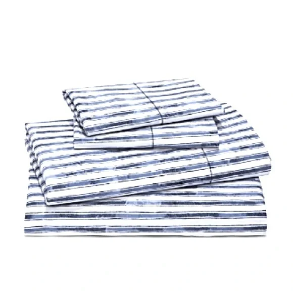 Sky Watercolor Stripe Percale Full Sheet Set, Navy White New w/Tag $175