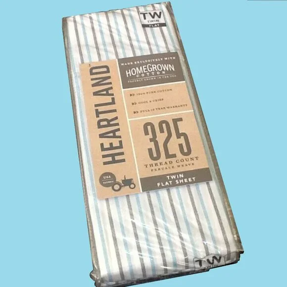 new STRIPE Heartland 325 Thread Count 100% Cotton Percale TWIN Flat Sheet