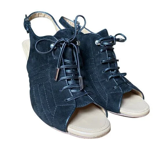 Tod’s Lace Up Peep Toe Slingback Lug Sole Heels Quilted Suede Leather - Size 40