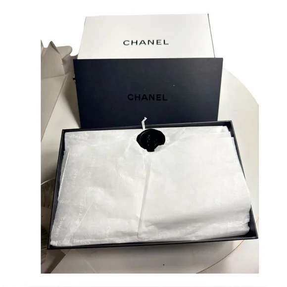 Chanel Authentic Gift Box & Envelope, Stamp Wrap w/ Logo Gold Ribbon & Packaging