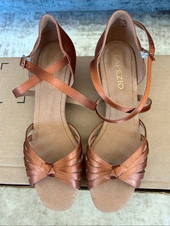 Capezio Satin Bronze Strappy Latin Ballroom Heels with Ankle Wrap