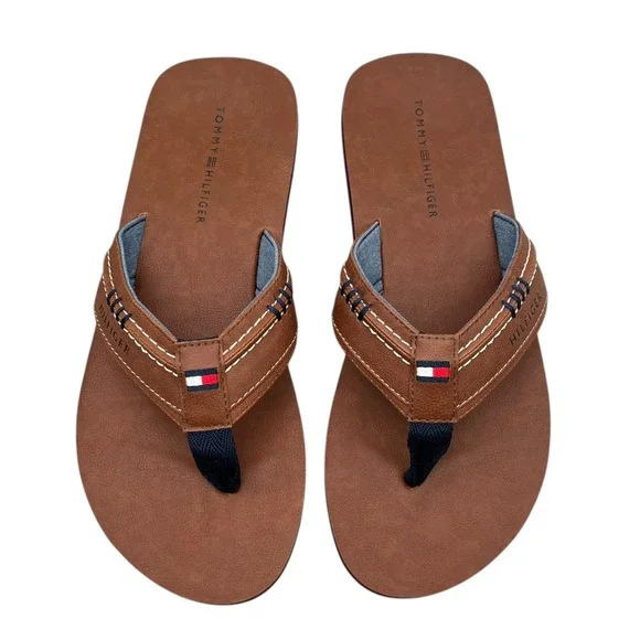 Tommy Hilfiger Mens Destino Thong Sandal Size 13 Brown Faux Leather Flexible