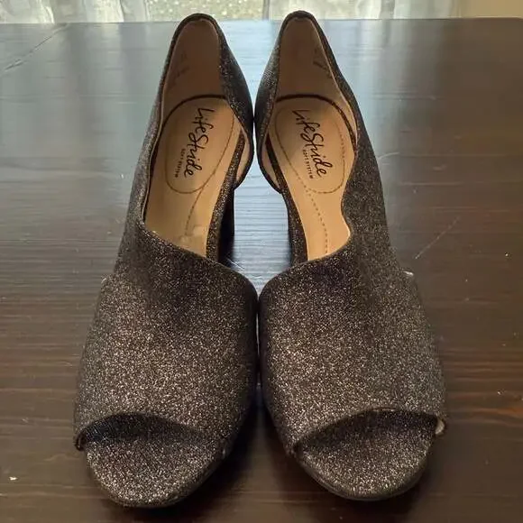 Life Stride Silver‎ Glitter Peep Toe Heels