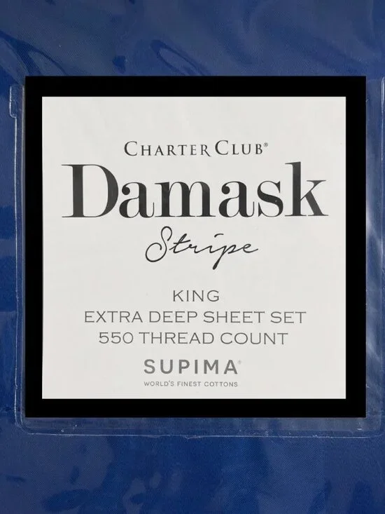 new COBALT BLUE STRIPE Charter Club 550 TC 100% Cotton KING EXTRA DEEP Sheet Set