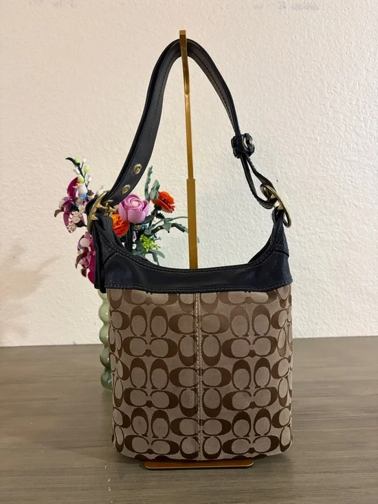 Coach 11437 Bleecker Brown Canvas Black Leather Bucket Crossbody Shoulder Bag