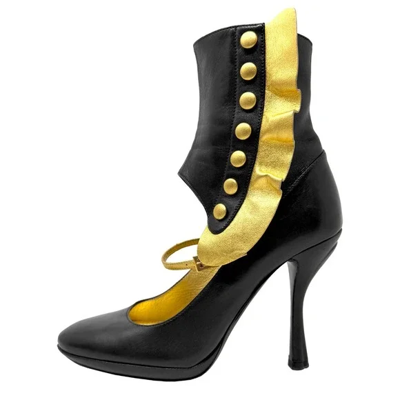 Prada Black Leather Mary Jane Heels Ankle Boots Buckle 37.5