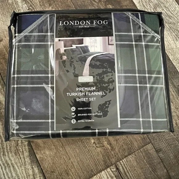London Fog Black and Gray Plaid Flannel Sheet Set