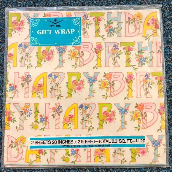 Vintage Hy-Sil Gift Wrap Wrapping Happy Birthday Vines Flowers 2 Sheets 20x30