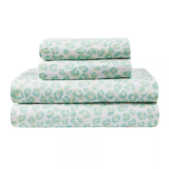 new Marmalade brand Lightweight 100% Cotton Full Sheet Set in Mint Green Leopard