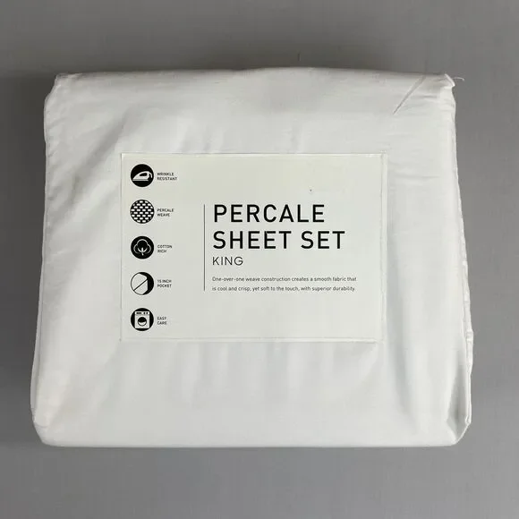 AQ Textiles Percale Solid 4-Pc. Sheet Set, King, White New In Original Package