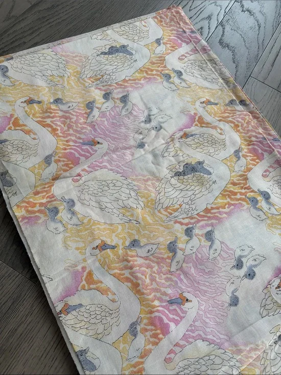 Swan Print Cotton Fabric Panel in Pastel Pink, Yellow & Gray