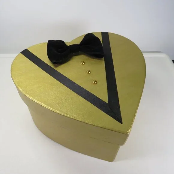 Gold Tux Heart Gift Box w velvet bow tie & pearl dots 9.5