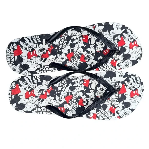 Disney Mickey Mouse Flip Flops Sandals Mens 40-41 All Over Print Black Red White