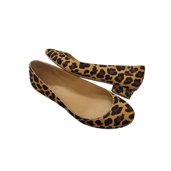 J.Crew Leopard Calf Hair Flats Low Block‎ Heel Brown Animal Print Size 7 Vegan
