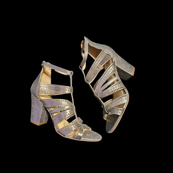 Vince Camuto Silver Suede Strappy Block Heels