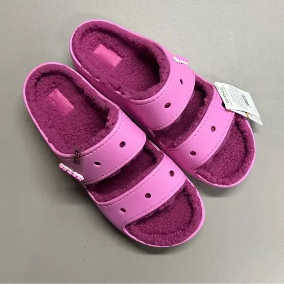 Crocs Classic Cozzzy Slipper Sandal Pink Faux Fur Lining Men’s Size 14 NWT