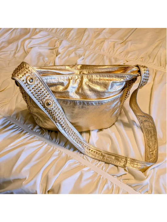 Y2K Gold Metallic Leather Studded Hobo Bag Lion Head Shoulder Bag Boho Edgy