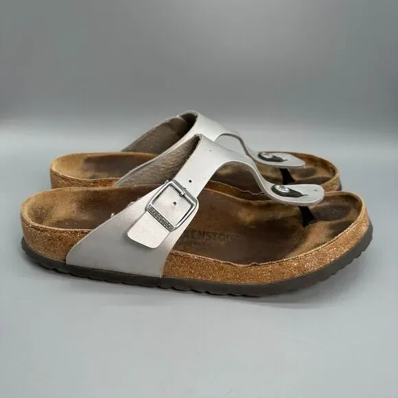 Birkenstock Gizeh Birko-Flor Men 9 Silver Sandals Slip-On Thong Buckle Round Toe
