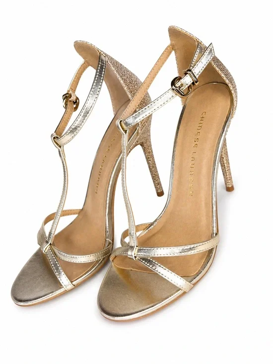 Chinese Laundry Gold Metallic T-Strap Stiletto Heels Size:8 Evening Prom Wedding
