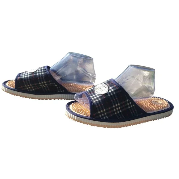 Calif Navy Blue Plaid Acupressure Massage Slide Sandals Made in Korea Size XL