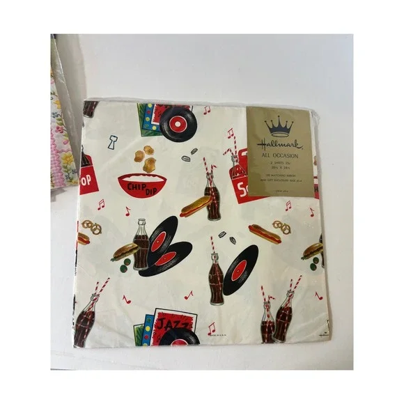 Vintage Hallmark Gift Wrap 2 Sheets Soda Shop Diner Records 50s Style 20x28 NEW